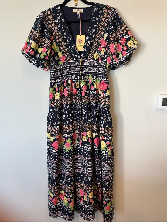 entro Dresses & Skirts - NEW Entro Navy Floral Midi Dress with Pink & Lime Accents large nwt